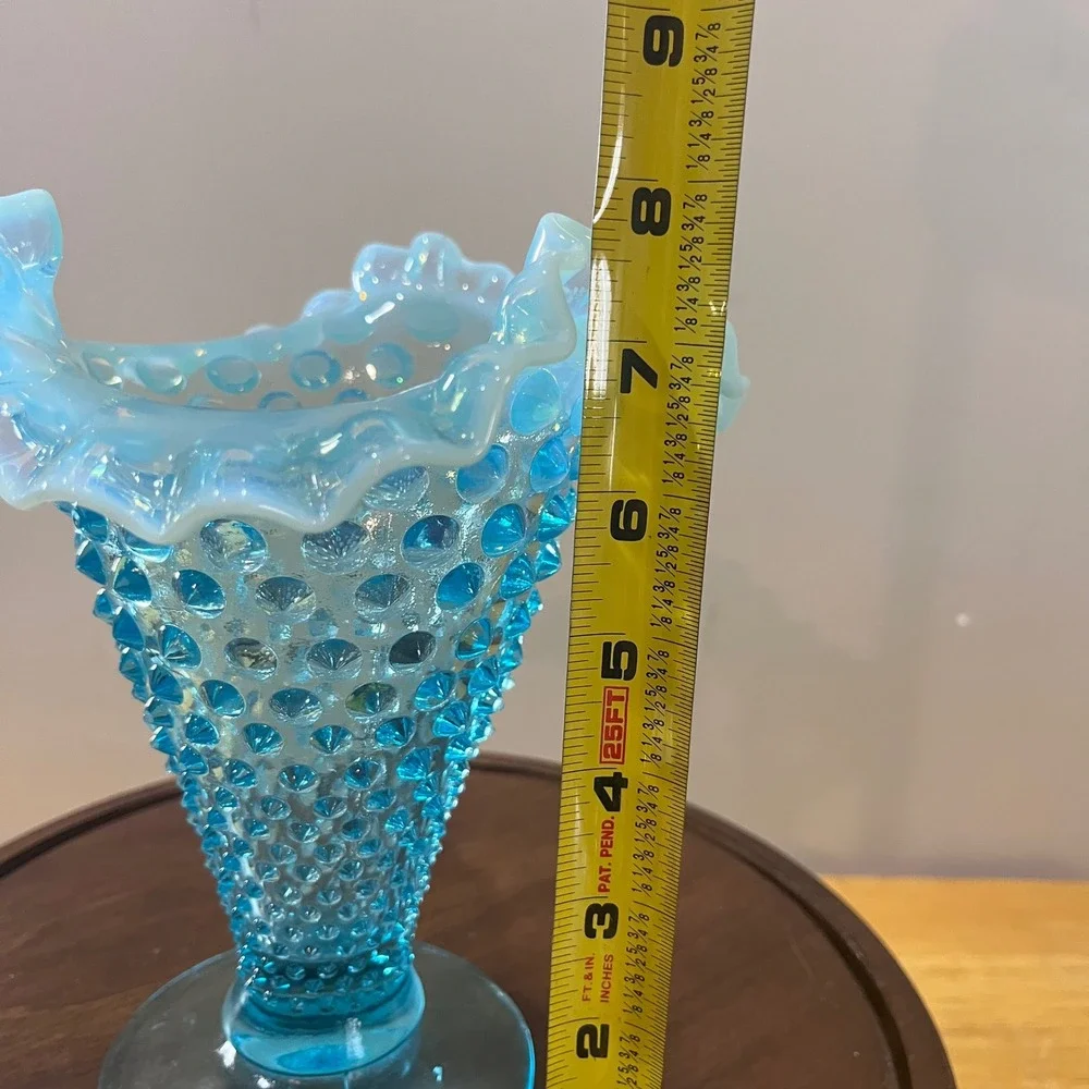 Vtg‎ Fenton Turquoise Blue Opalescent Hobnail Ruffled Trumpet Vase MCM 7.75